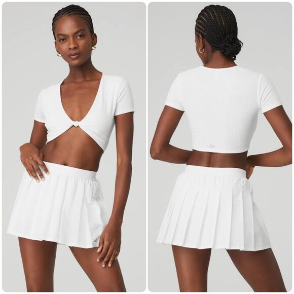 ALO Yoga White Ribbed Knotty Short Sleeve Cropped Top Small Gym Yoga Pilates - Picture 1 of 8